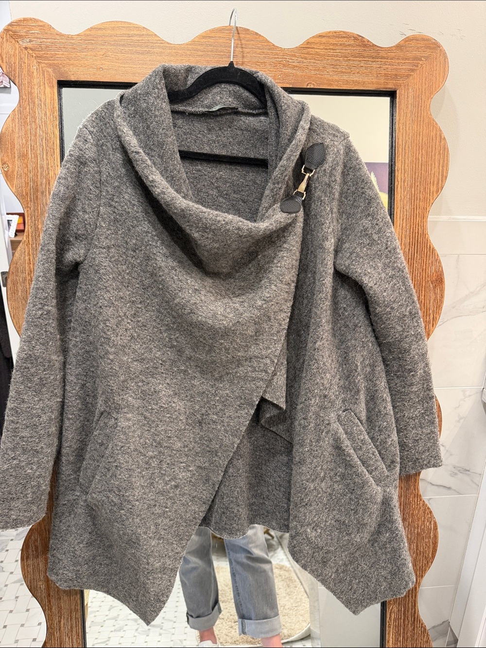 lola Gray Asymmetrical Shawl-Collar Cardigan with Buckle